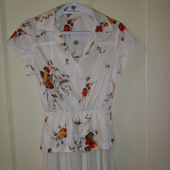 Vintage Miss Challenge Floral Dress-Size 10-Peplum-Elastic Waist-Knife Pleats - Picture 2 of 8